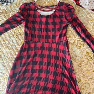 Red and Black A-line Dress with Long Puff Sleeves for Casual Wear
